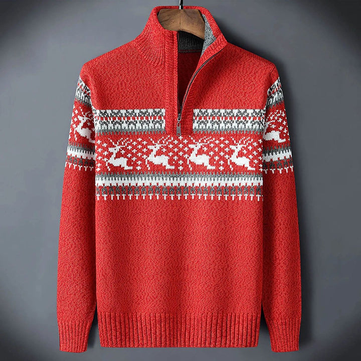 Mens Cardigan Fair Isle Half-Zip Ribbed Knit Jumper - Red