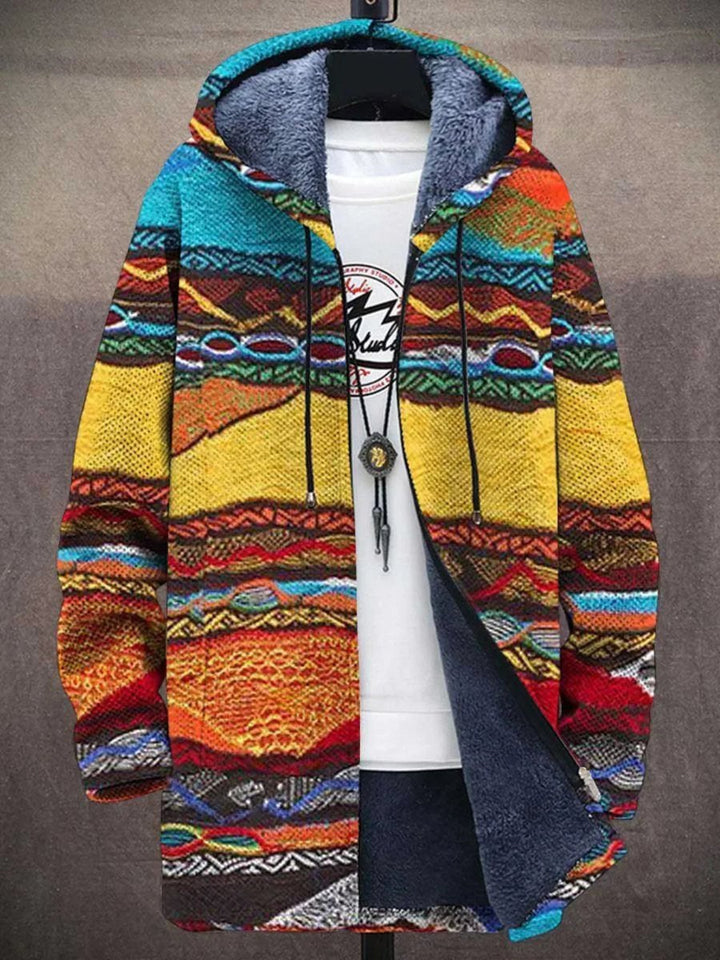 Mens Cardigan Fleece-Lined Zip-Up Abstract Art Print Hoodie - Retro