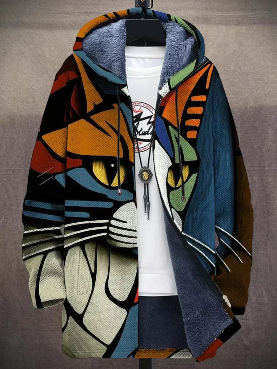 Mens Cardigan Fleece-Lined Zip-Up Abstract Art Print Hoodie - Cat