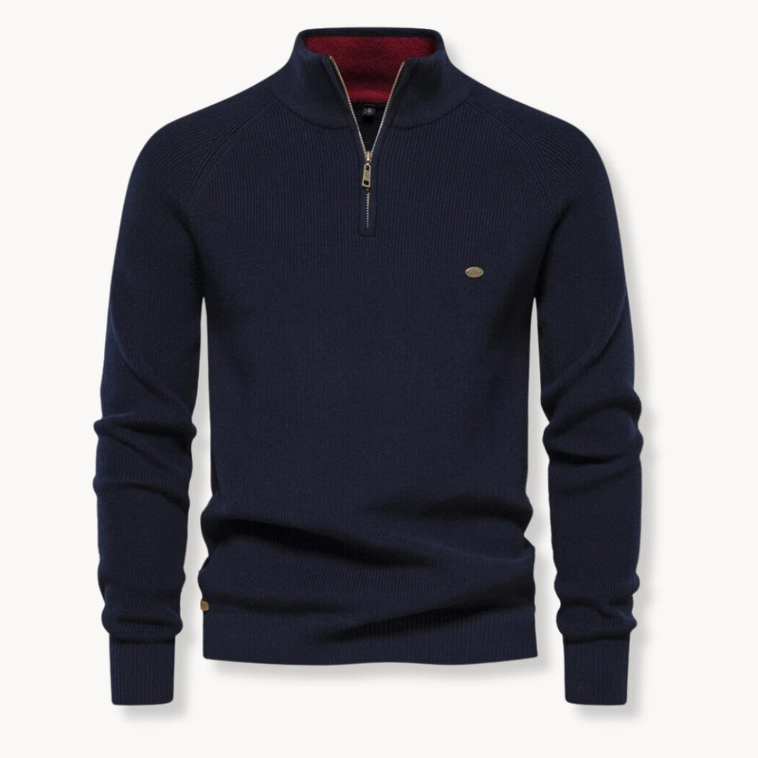 Mens Cardigan Half-Zip Ribbed Knit Mock Neck Jumper - Navy Blue