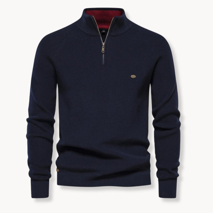 Mens Cardigan Half-Zip Ribbed Knit Mock Neck Jumper - Navy Blue