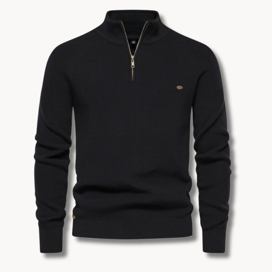 Mens Cardigan Half-Zip Ribbed Knit Mock Neck Jumper - Black