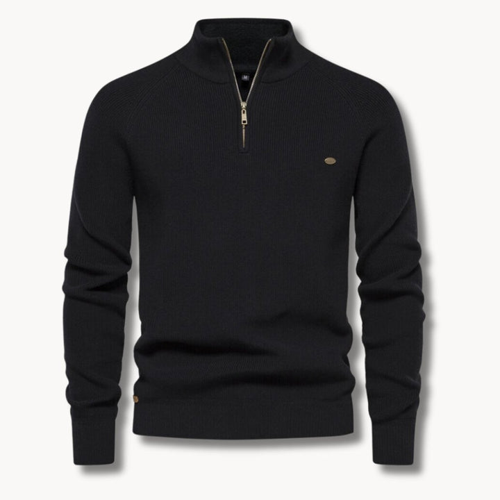 Mens Cardigan Half-Zip Ribbed Knit Mock Neck Jumper - Black
