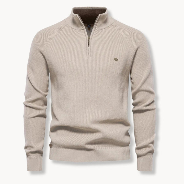 Mens Cardigan Half-Zip Ribbed Knit Mock Neck Jumper - Khaki