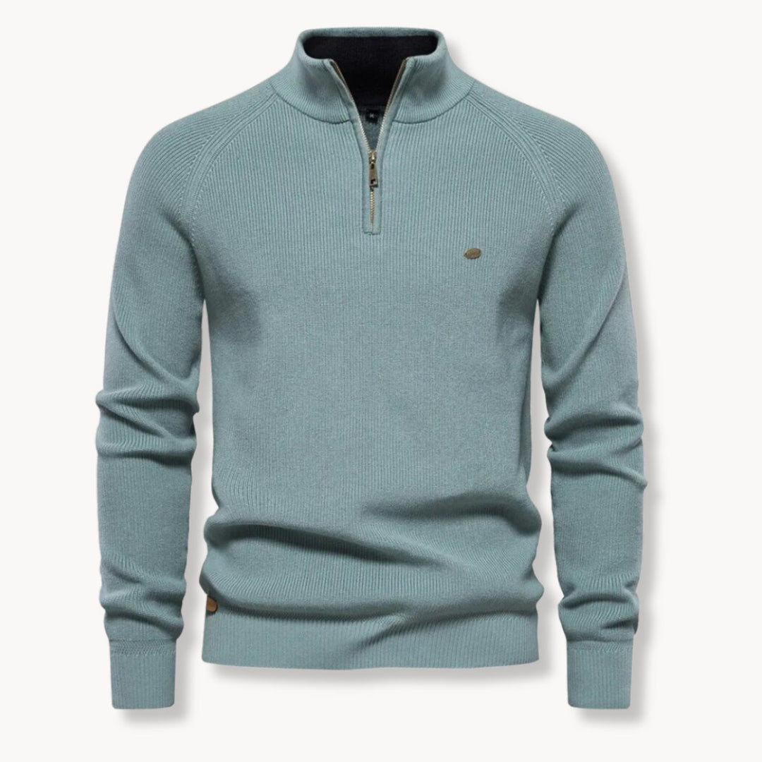 Mens Cardigan Half-Zip Ribbed Knit Mock Neck Jumper - Blue