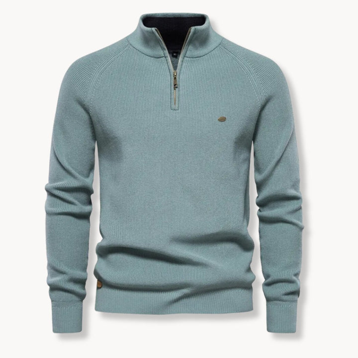 Mens Cardigan Half-Zip Ribbed Knit Mock Neck Jumper - Blue