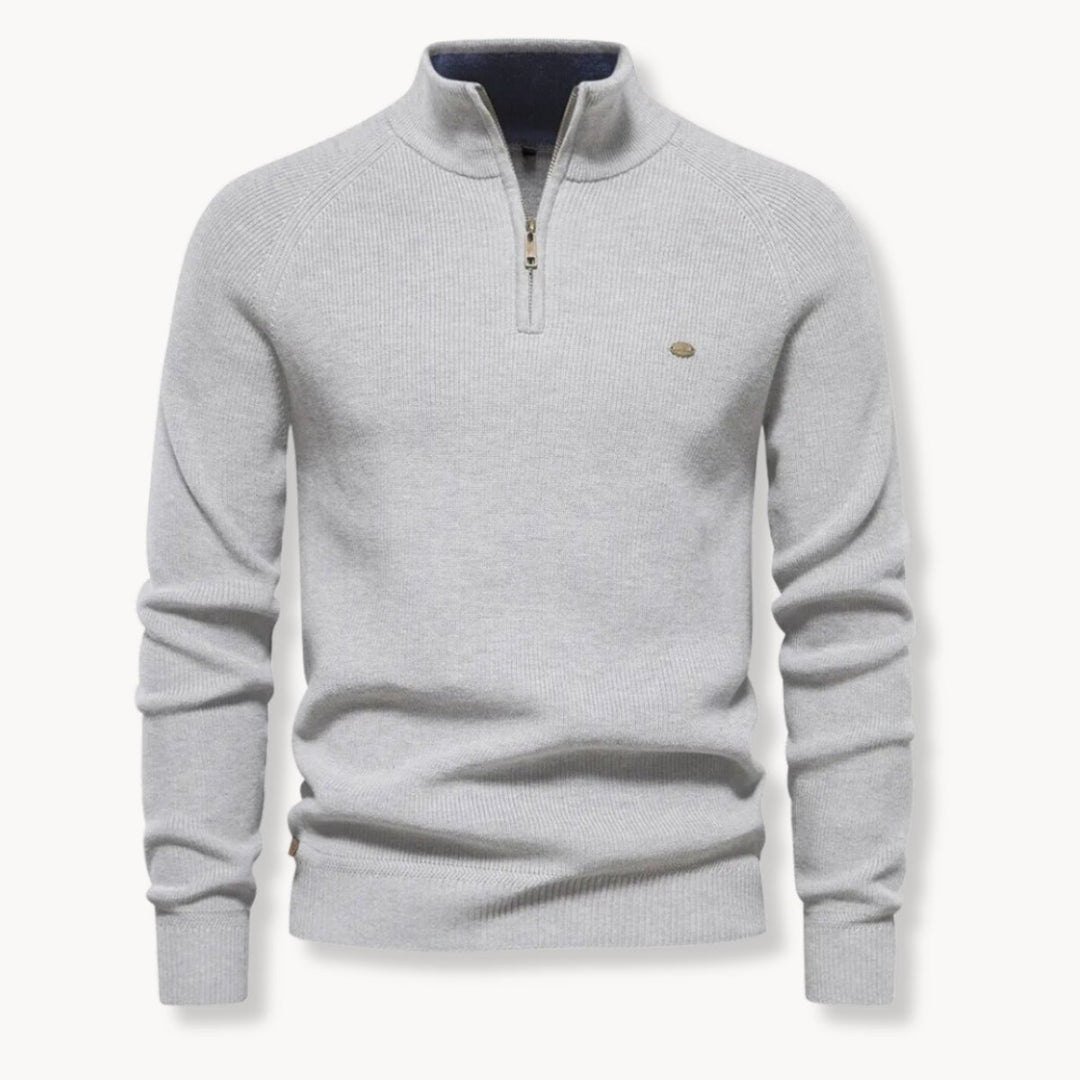 Mens Cardigan Half-Zip Ribbed Knit Mock Neck Jumper - Grey