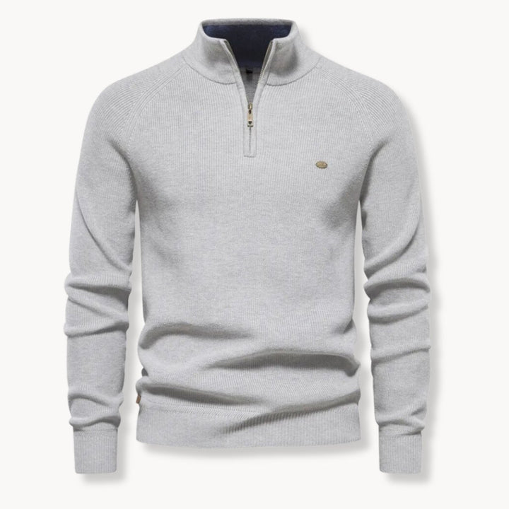 Mens Cardigan Half-Zip Ribbed Knit Mock Neck Jumper - Grey