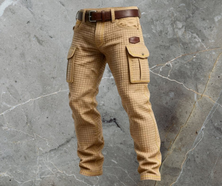 Men's Cargo Trousers Slim Fit Textured Pattern Side Pockets - Beige