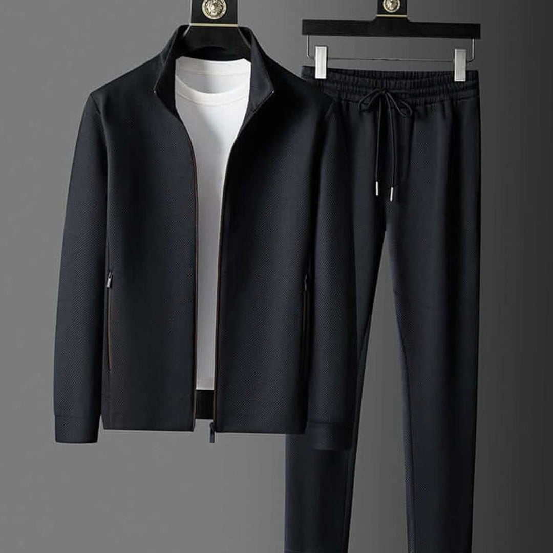 Men's Classic Two-Piece Zip-Up Tapered Activewear Suit - Black