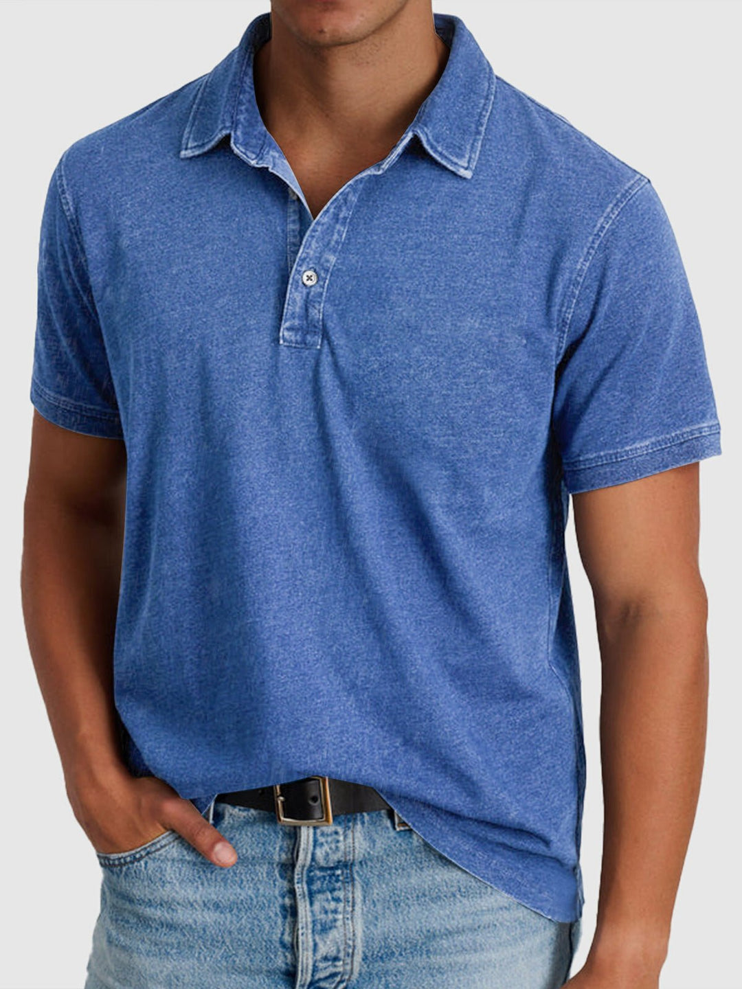 Men's Cotton Denim Short Sleeve Button Neck Polo Shirt - Blue