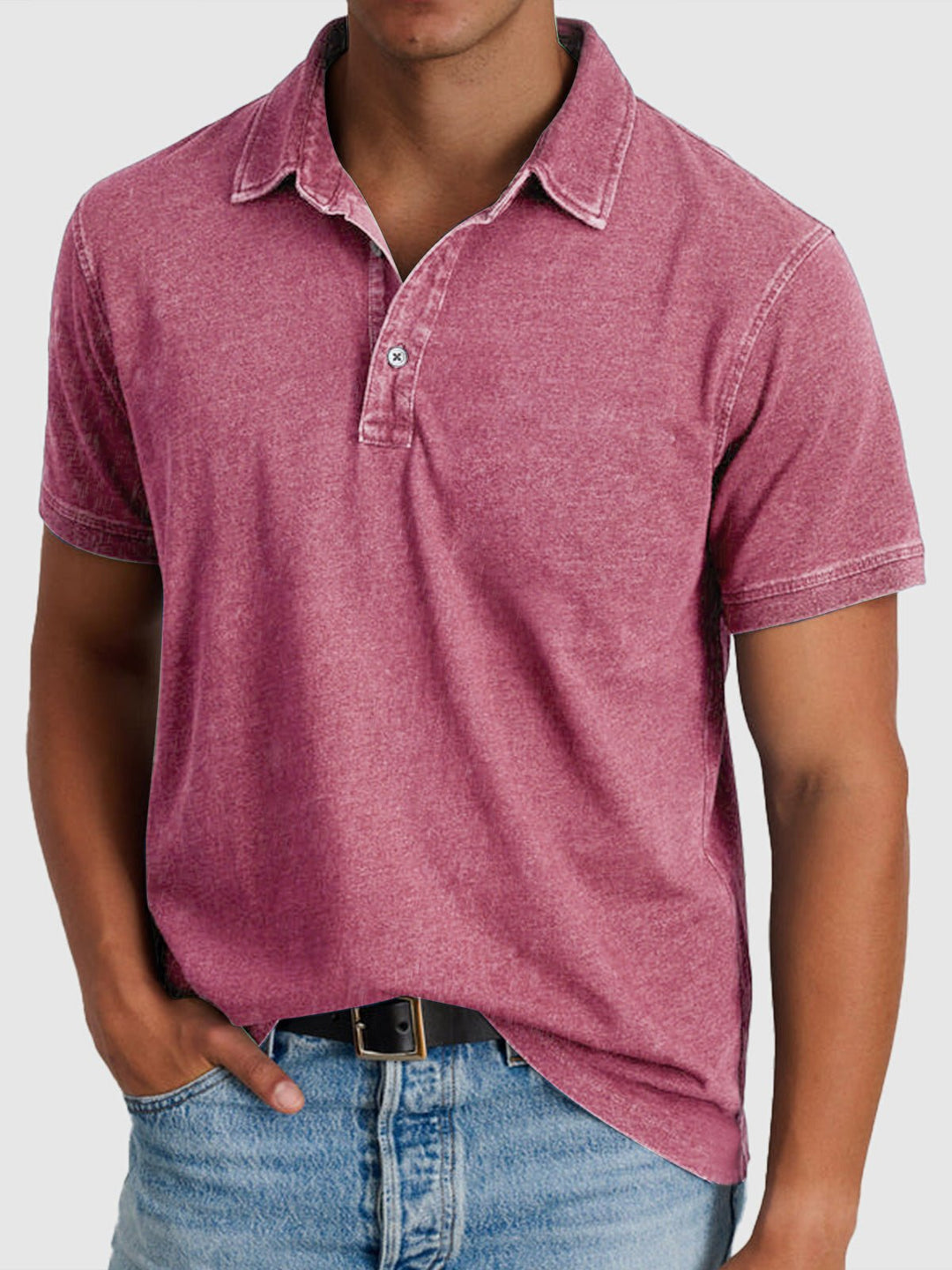 Men's Cotton Denim Short Sleeve Button Neck Polo Shirt - Pink