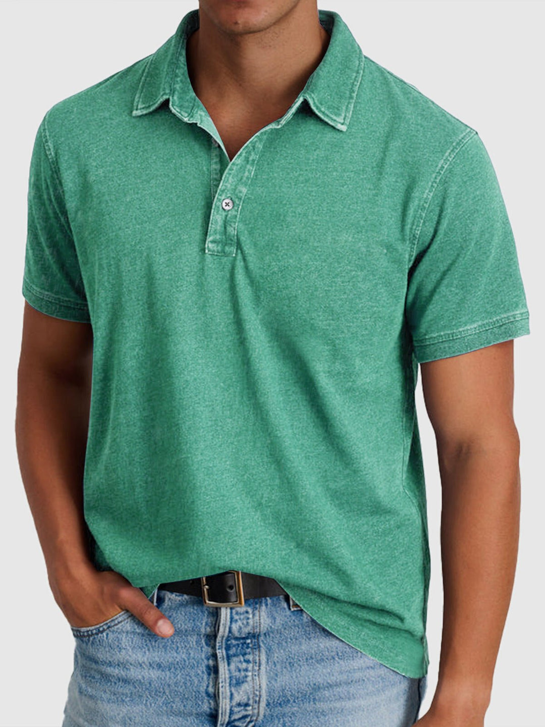 Men's Cotton Denim Short Sleeve Button Neck Polo Shirt - Green