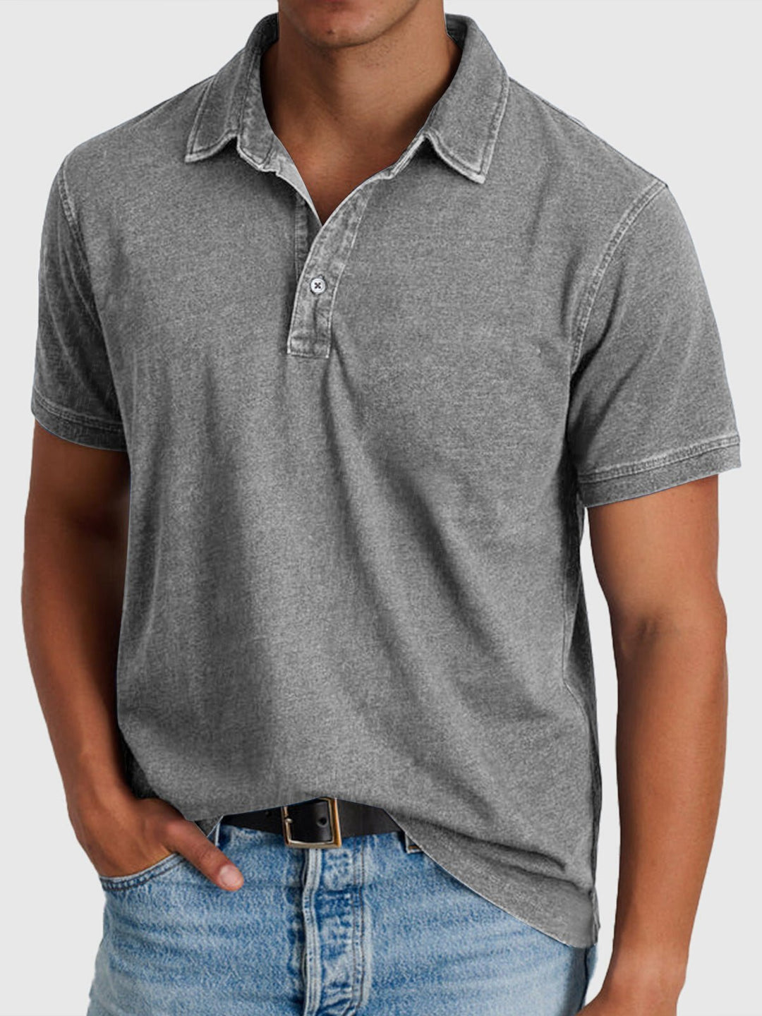 Men's Cotton Denim Short Sleeve Button Neck Polo Shirt - Gray