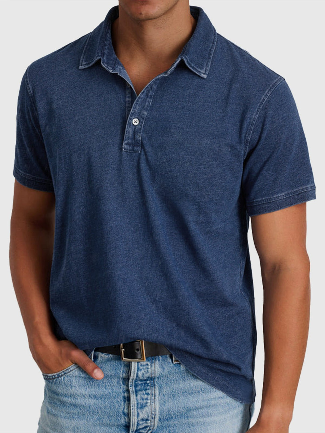 Men's Cotton Denim Short Sleeve Button Neck Polo Shirt - Navy Blue