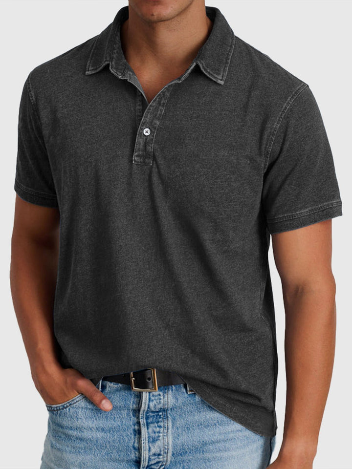 Men's Cotton Denim Short Sleeve Button Neck Polo Shirt - Black