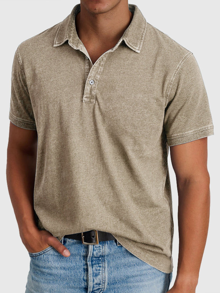 Men's Cotton Denim Short Sleeve Button Neck Polo Shirt - Khaki