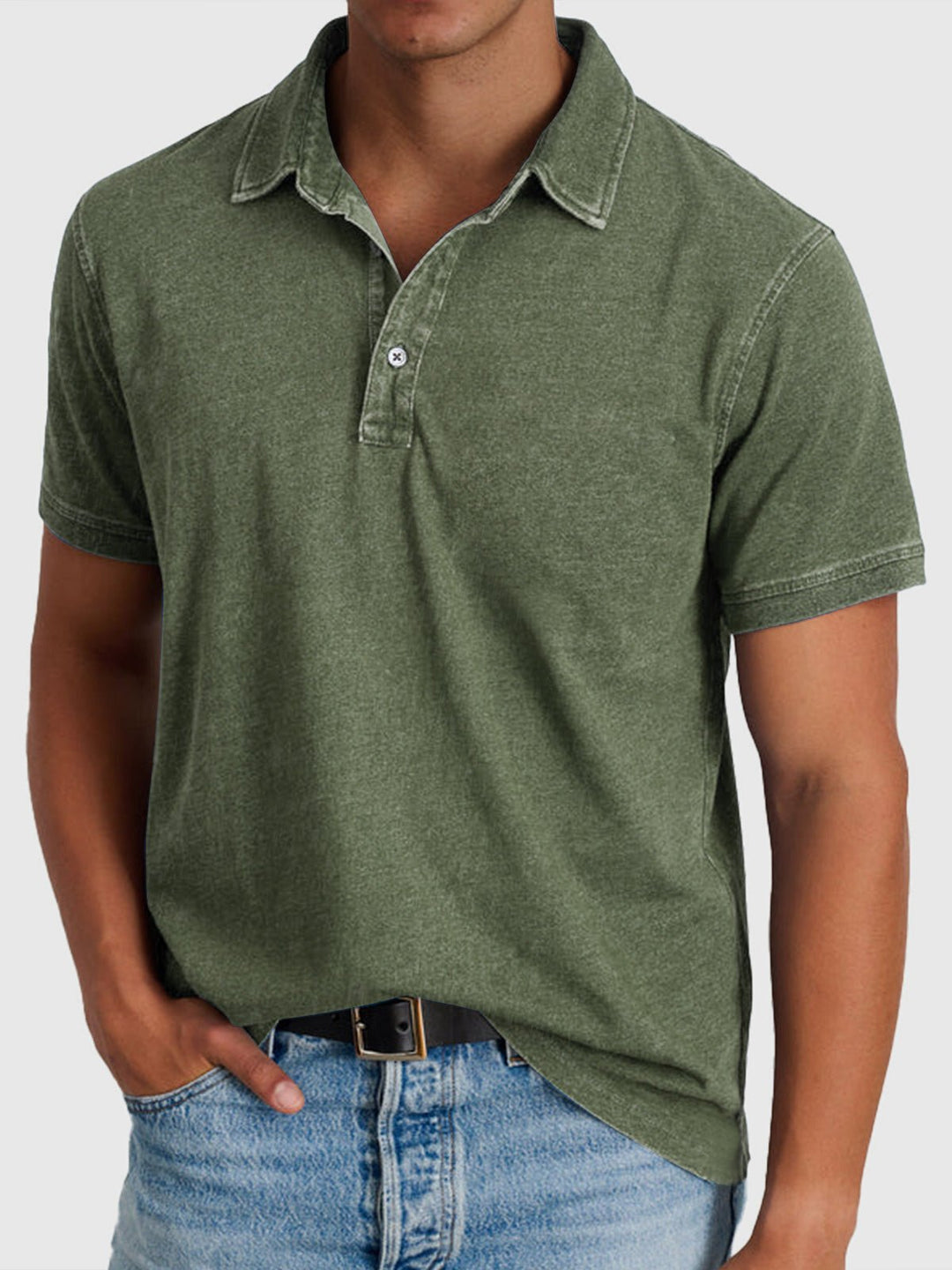 Men's Cotton Denim Short Sleeve Button Neck Polo Shirt - Army Green