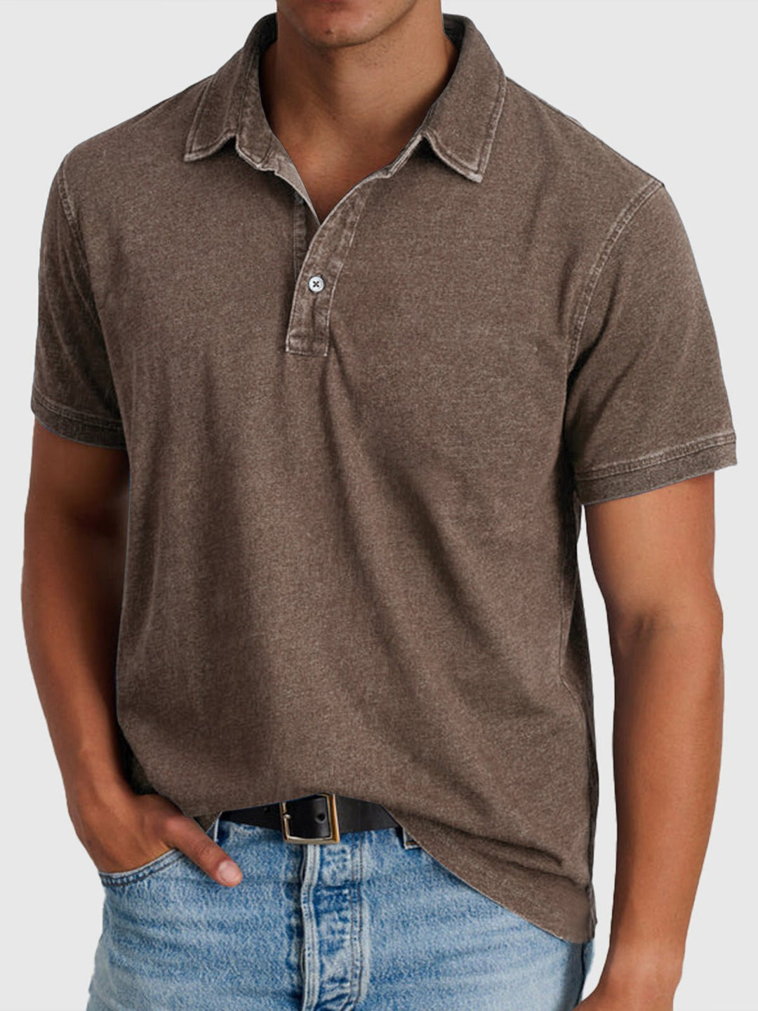 Men's Cotton Denim Short Sleeve Button Neck Polo Shirt - Brown