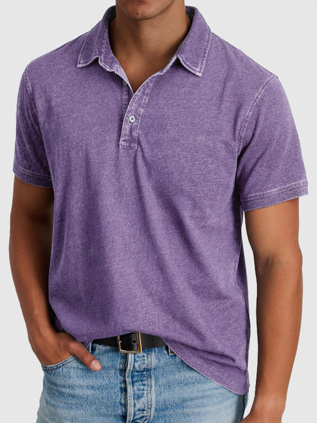 Men's Cotton Denim Short Sleeve Button Neck Polo Shirt - Purple