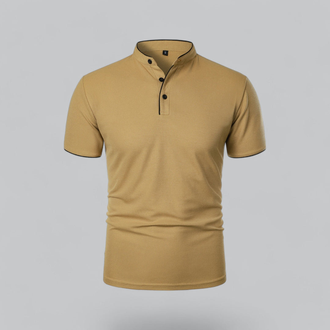 Men's Cotton Mandarin Collar Three-Button Polo Shirt - Khaki
