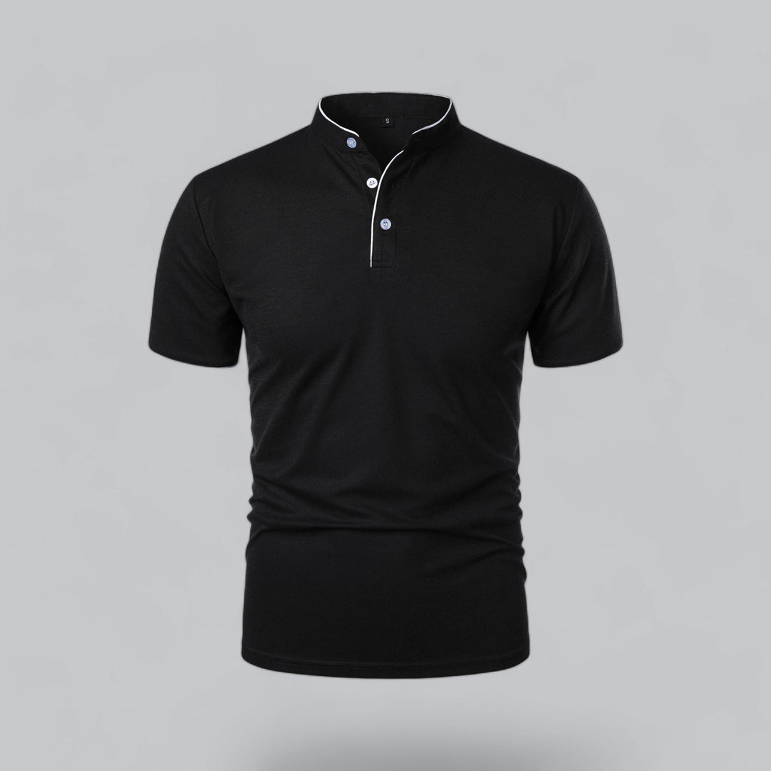 Men's Cotton Mandarin Collar Three-Button Polo Shirt - Black