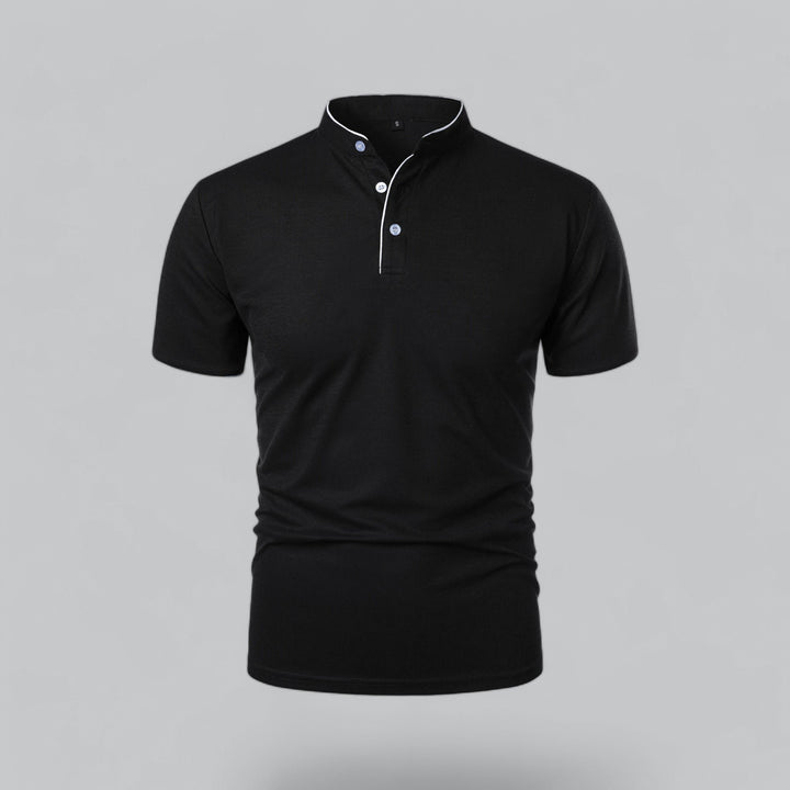 Men's Cotton Mandarin Collar Three-Button Polo Shirt - Black