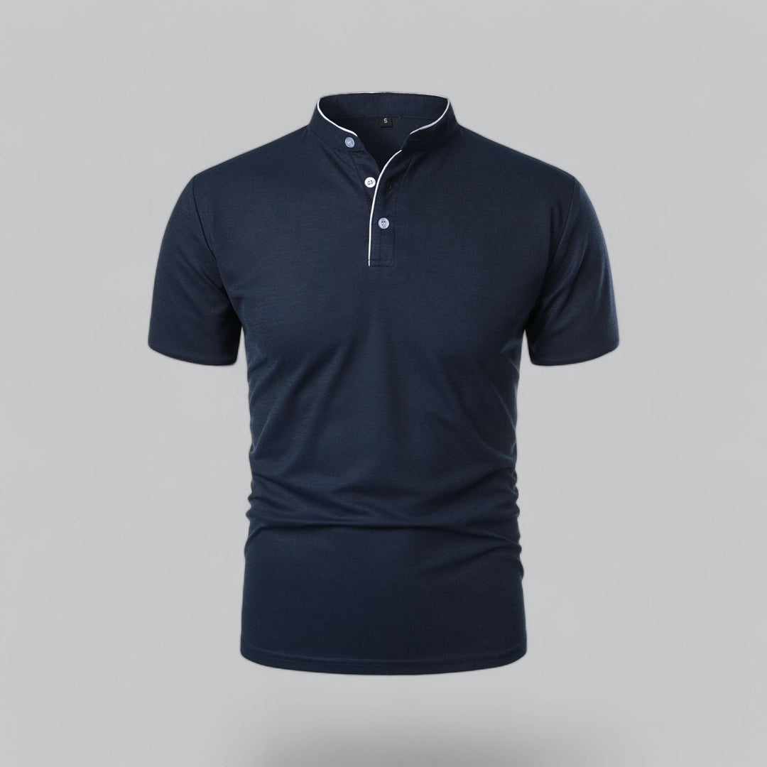 Men's Cotton Mandarin Collar Three-Button Polo Shirt - Navy Blue