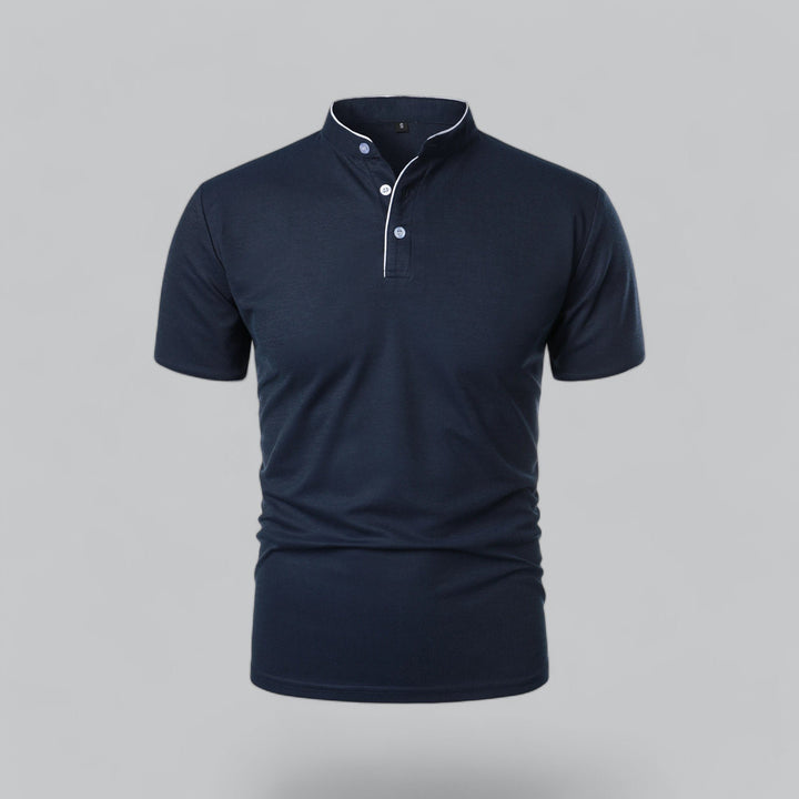 Men's Cotton Mandarin Collar Three-Button Polo Shirt - Navy Blue