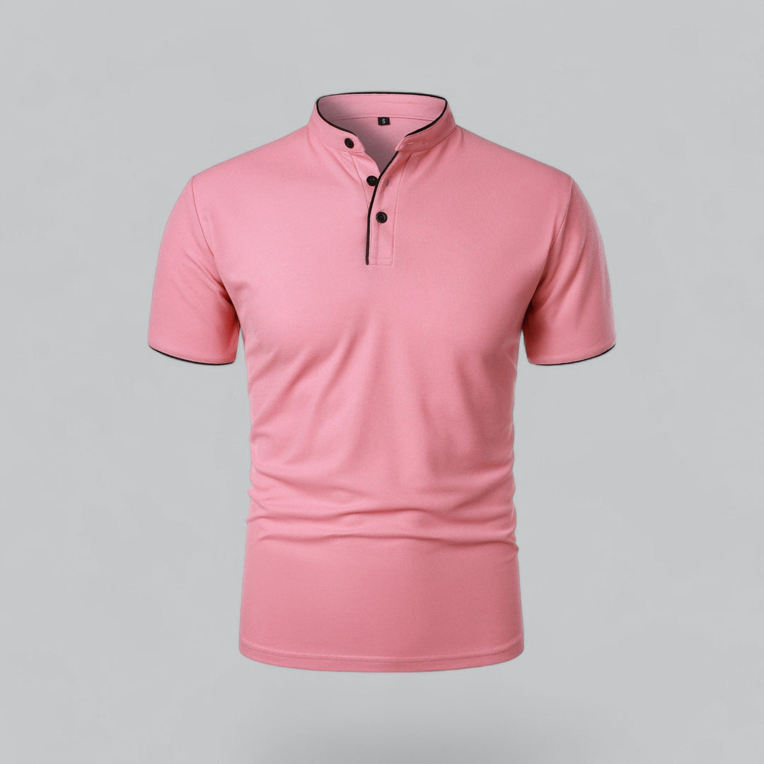 Men's Cotton Mandarin Collar Three-Button Polo Shirt - Pink