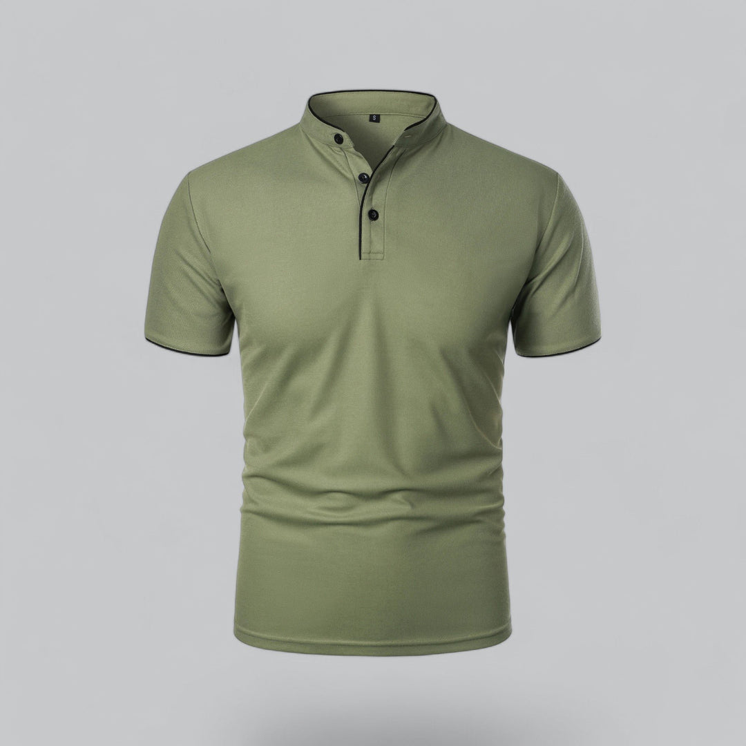 Men's Cotton Mandarin Collar Three-Button Polo Shirt - Green