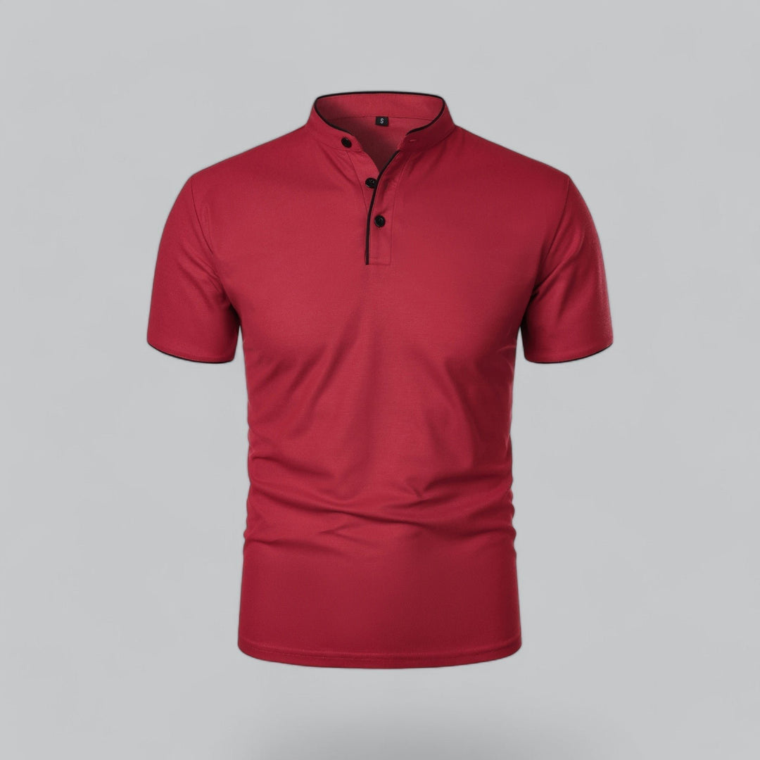 Men's Cotton Mandarin Collar Three-Button Polo Shirt - Dark Red