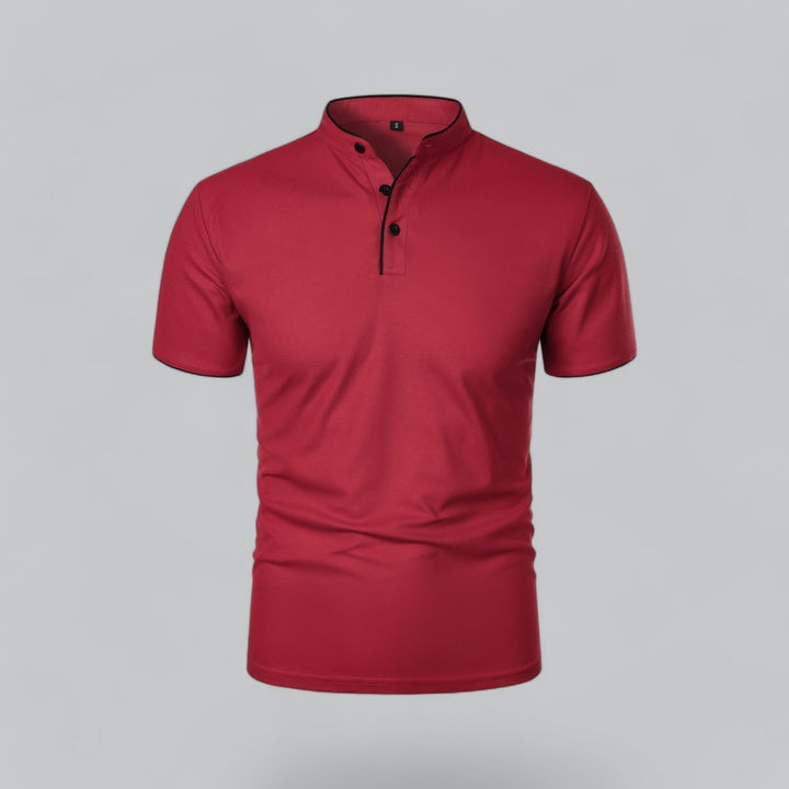 Men's Cotton Mandarin Collar Three-Button Polo Shirt - Dark Red