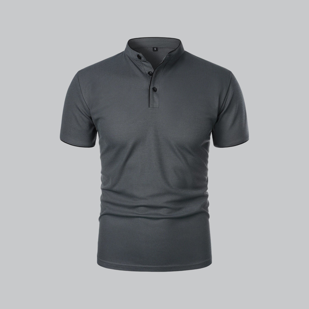Men's Cotton Mandarin Collar Three-Button Polo Shirt - Dark Grey