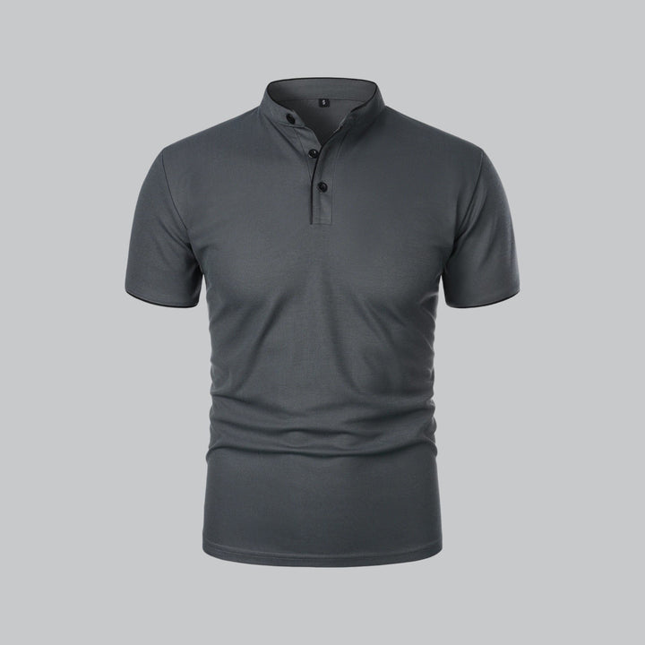 Men's Cotton Mandarin Collar Three-Button Polo Shirt - Dark Grey