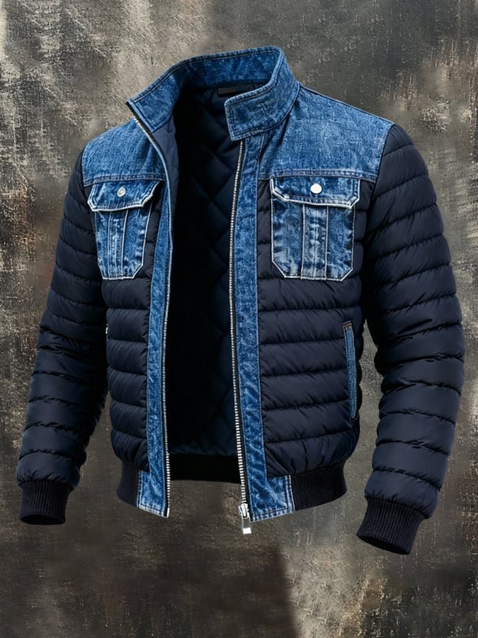 Men's Denim Bomber Jacket Padded Windproof Winter Outerwear - Denim