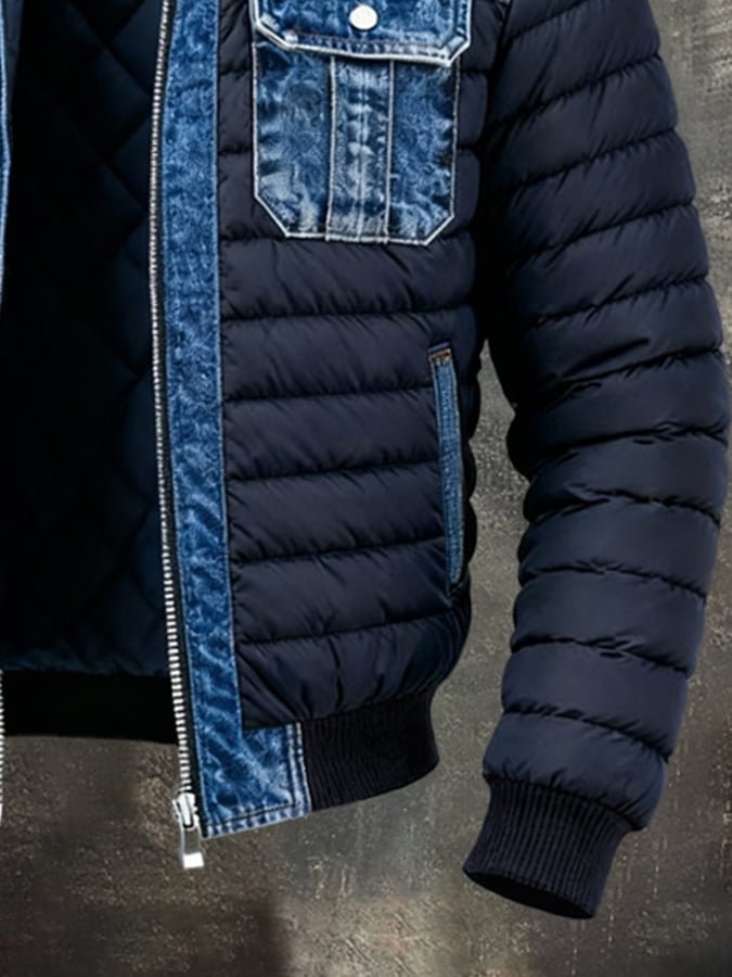 Men's Denim Bomber Jacket Padded Windproof Winter Outerwear