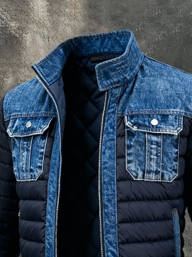 Men's Denim Bomber Jacket Padded Windproof Winter Outerwear