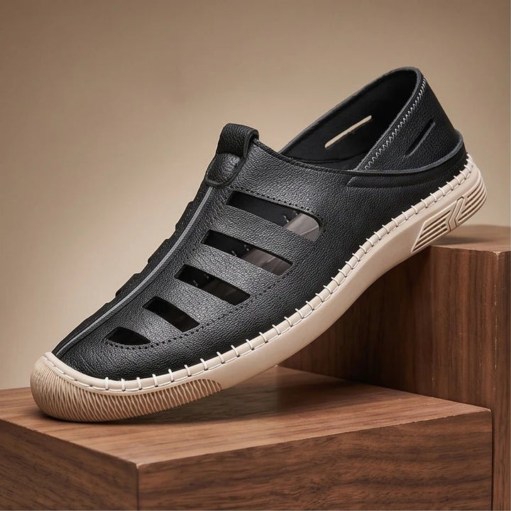 Men's Fisherman Sandals Genuine Leather Slip-On Brown - Black