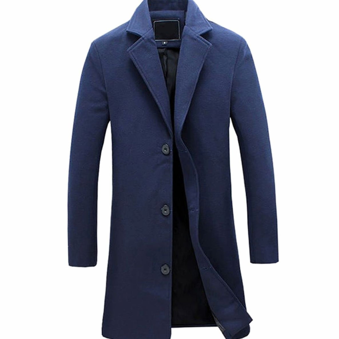 Men's Formal Wool-Blend Single-Breasted Long Overcoat - Navy Blue