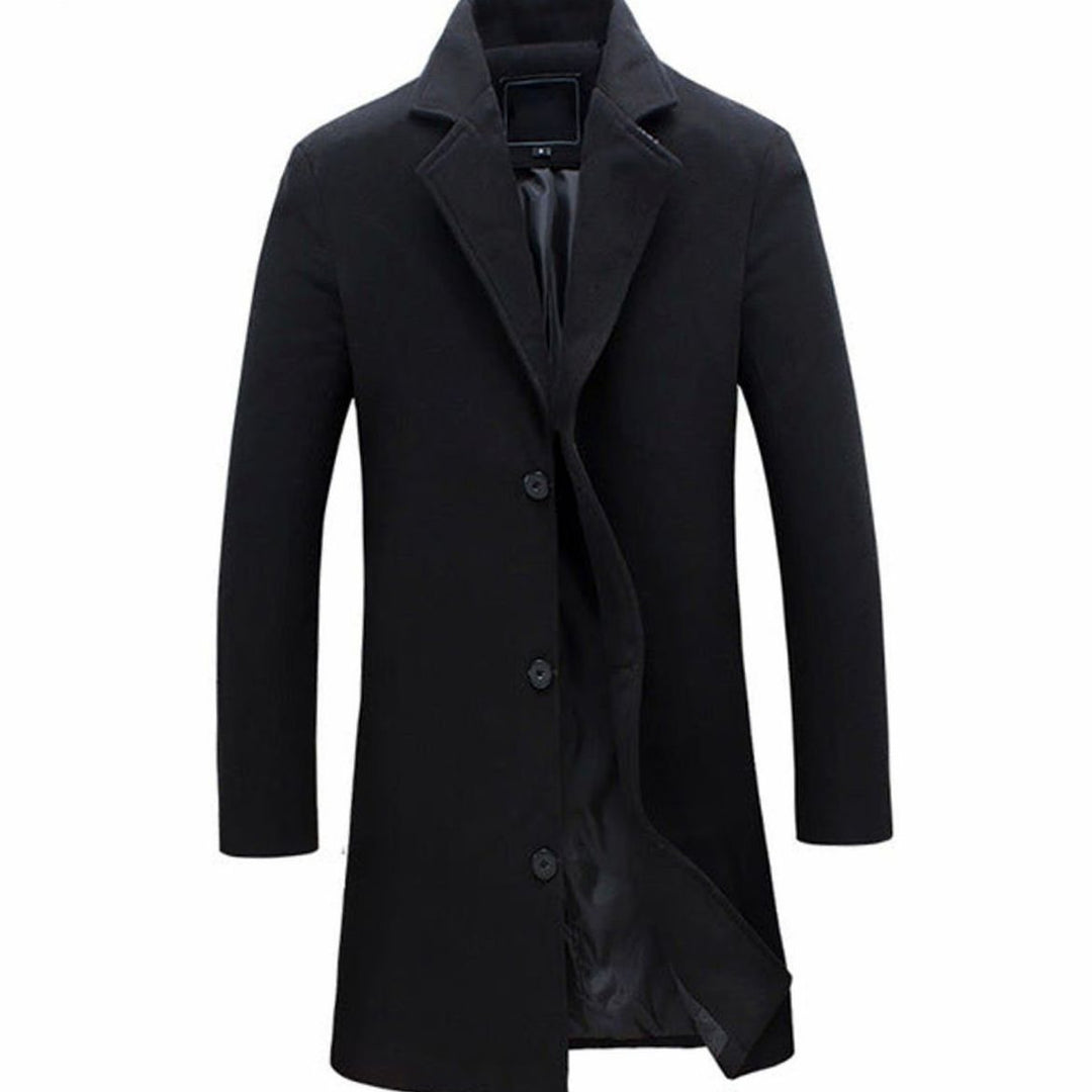 Men's Formal Wool-Blend Single-Breasted Long Overcoat - Black