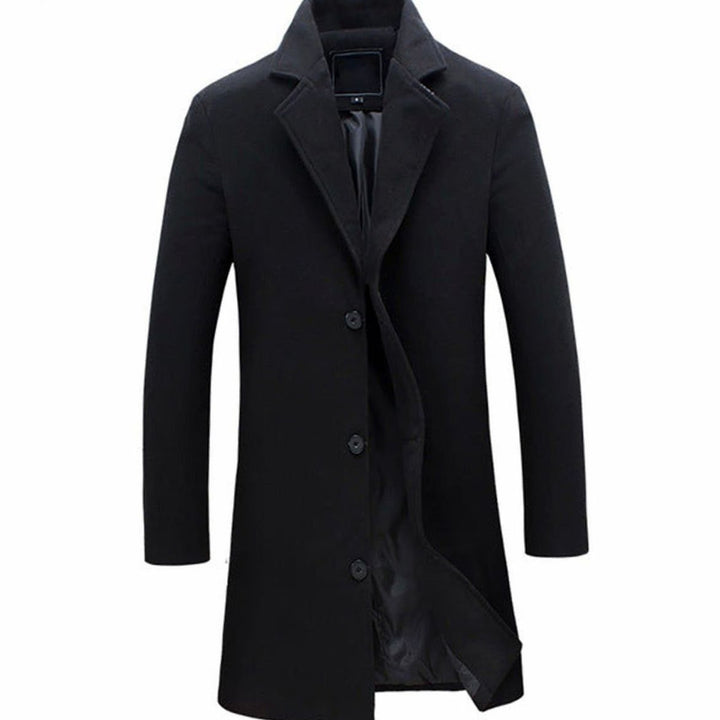Men's Formal Wool-Blend Single-Breasted Long Overcoat - Black