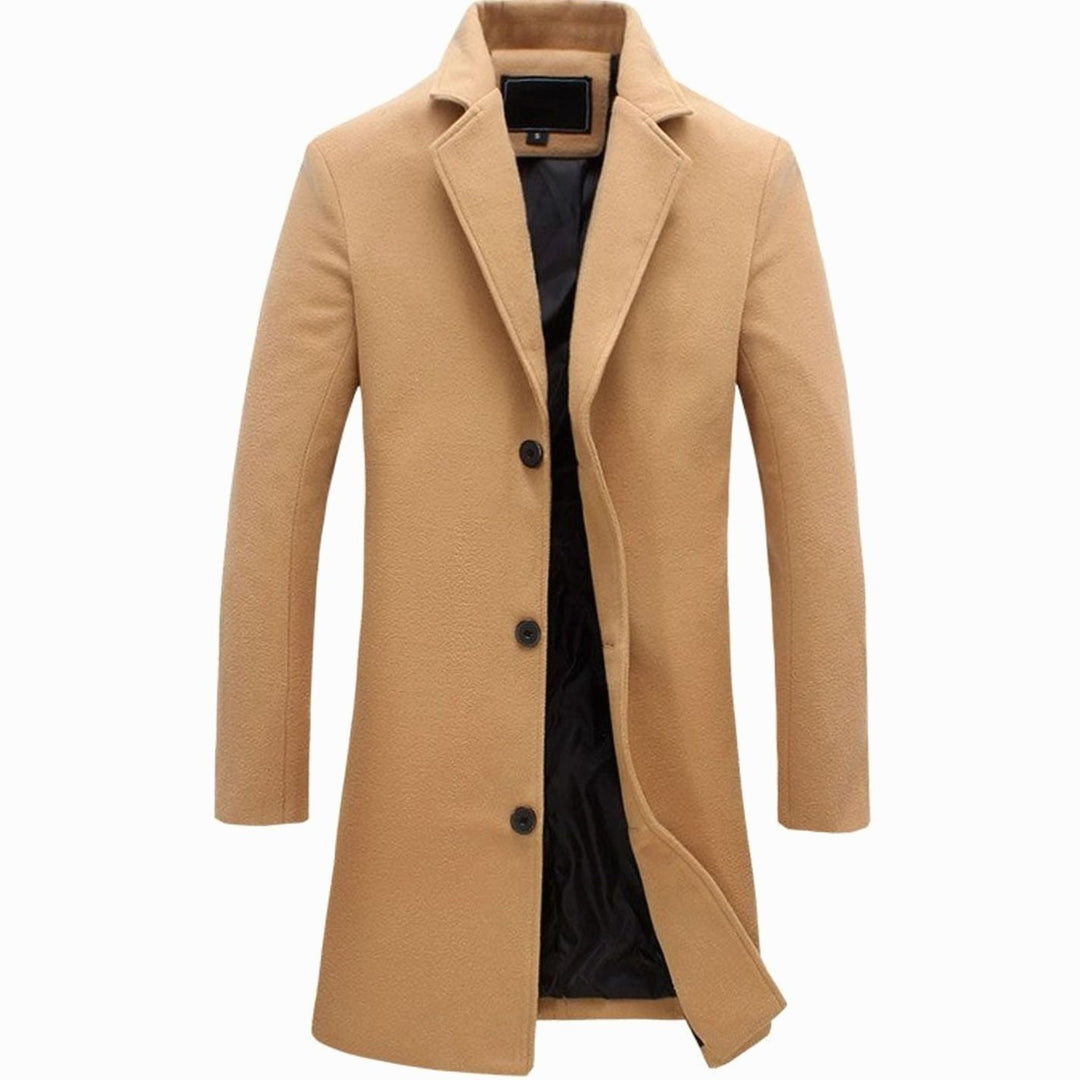 Men's Formal Wool-Blend Single-Breasted Long Overcoat - Khaki
