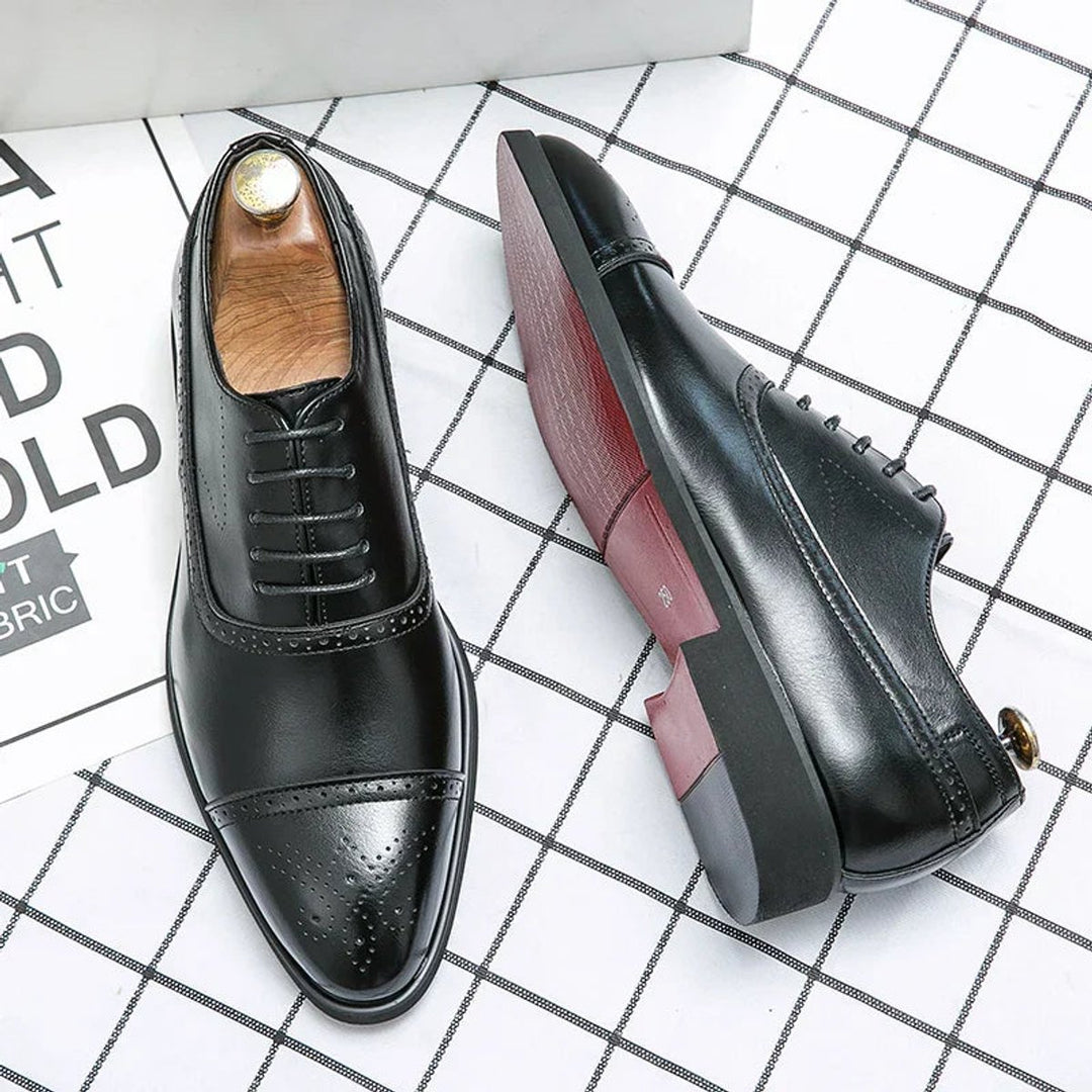 Men's Genuine Leather Cap-Toe Brogue Oxford Shoes Red Sole - Black