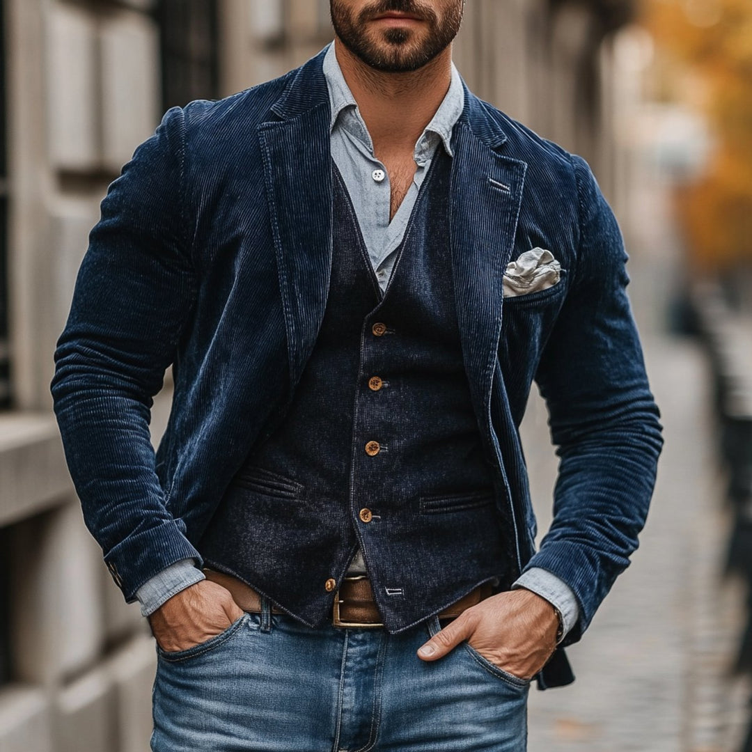 Mens Gilet Blazer Set Vintage Corduroy Wool-Blend Waistcoat Jacket - Navy Blue