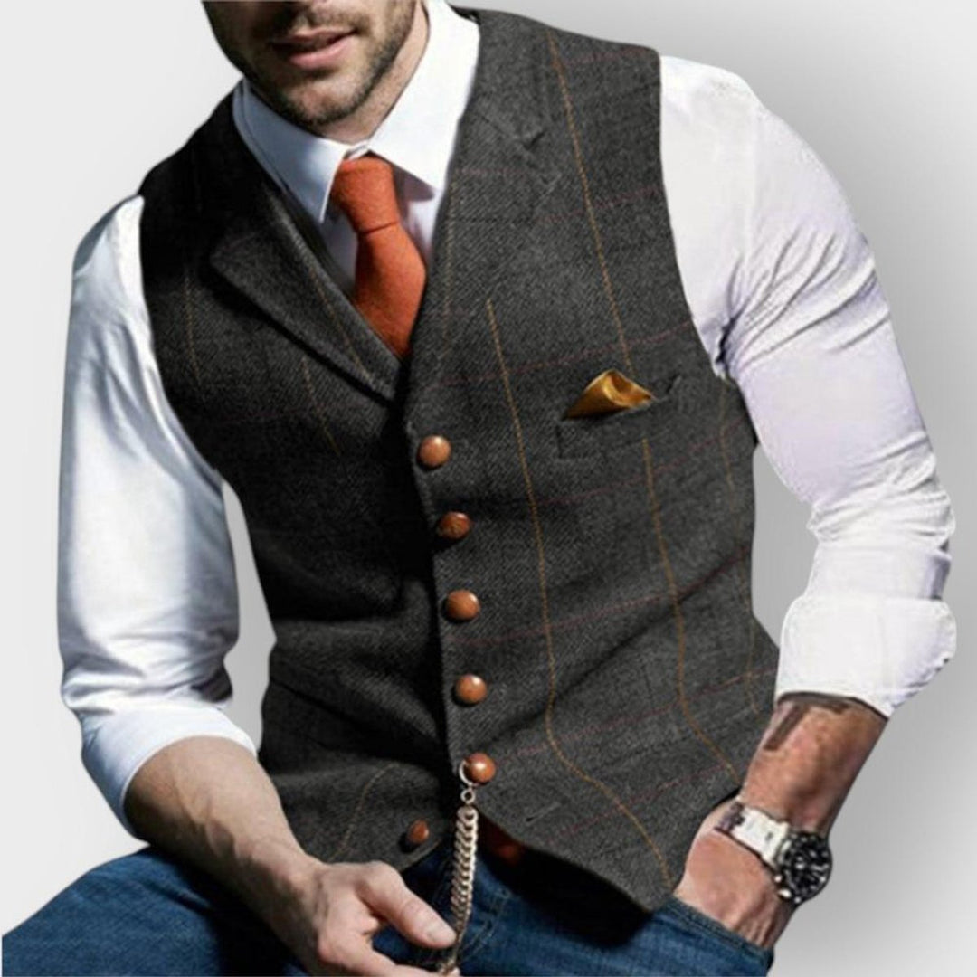 Mens Gilet Herringbone Tweed Waistcoat Buttoned Checked Vest - Dark Grey