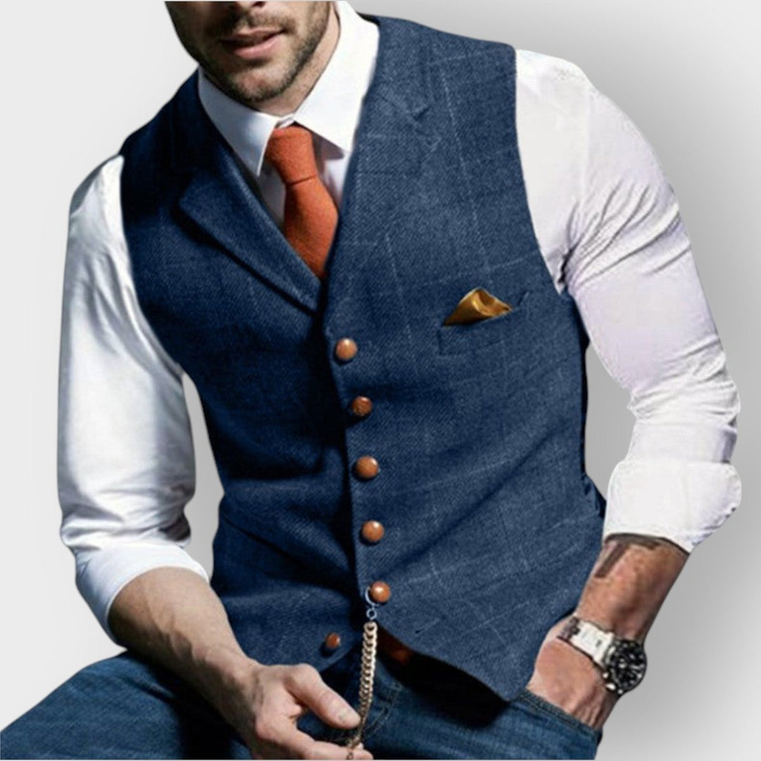 Mens Gilet Herringbone Tweed Waistcoat Buttoned Checked Vest - Blue