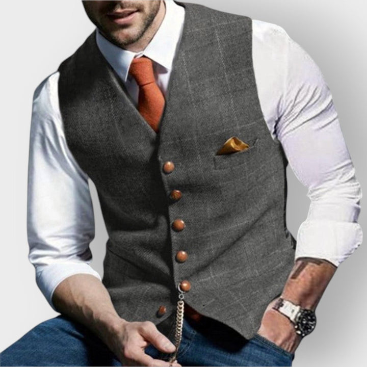 Mens Gilet Herringbone Tweed Waistcoat Buttoned Checked Vest - Light Grey