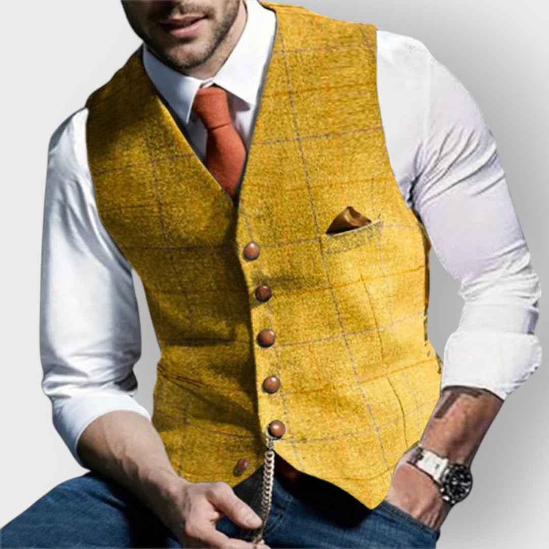 Mens Gilet Herringbone Tweed Waistcoat Buttoned Checked Vest - Yellow