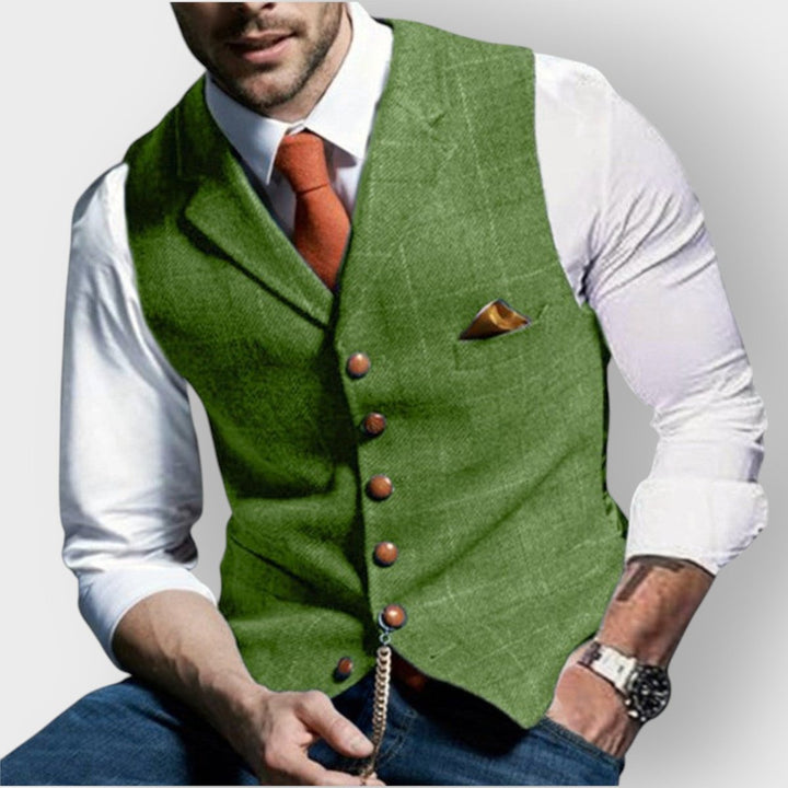 Mens Gilet Herringbone Tweed Waistcoat Buttoned Checked Vest - Green